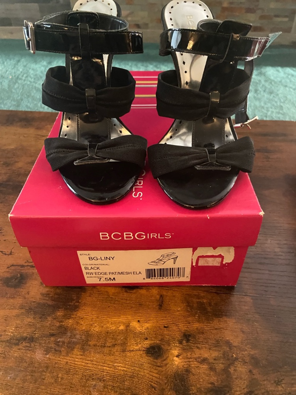 BCBGirls Black Patent Bow Ankle Strap Sandals